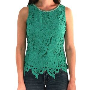Soieblu Dressy Tank Top Size S Green Cut Out Lace Overlay Rhinestones & Beads